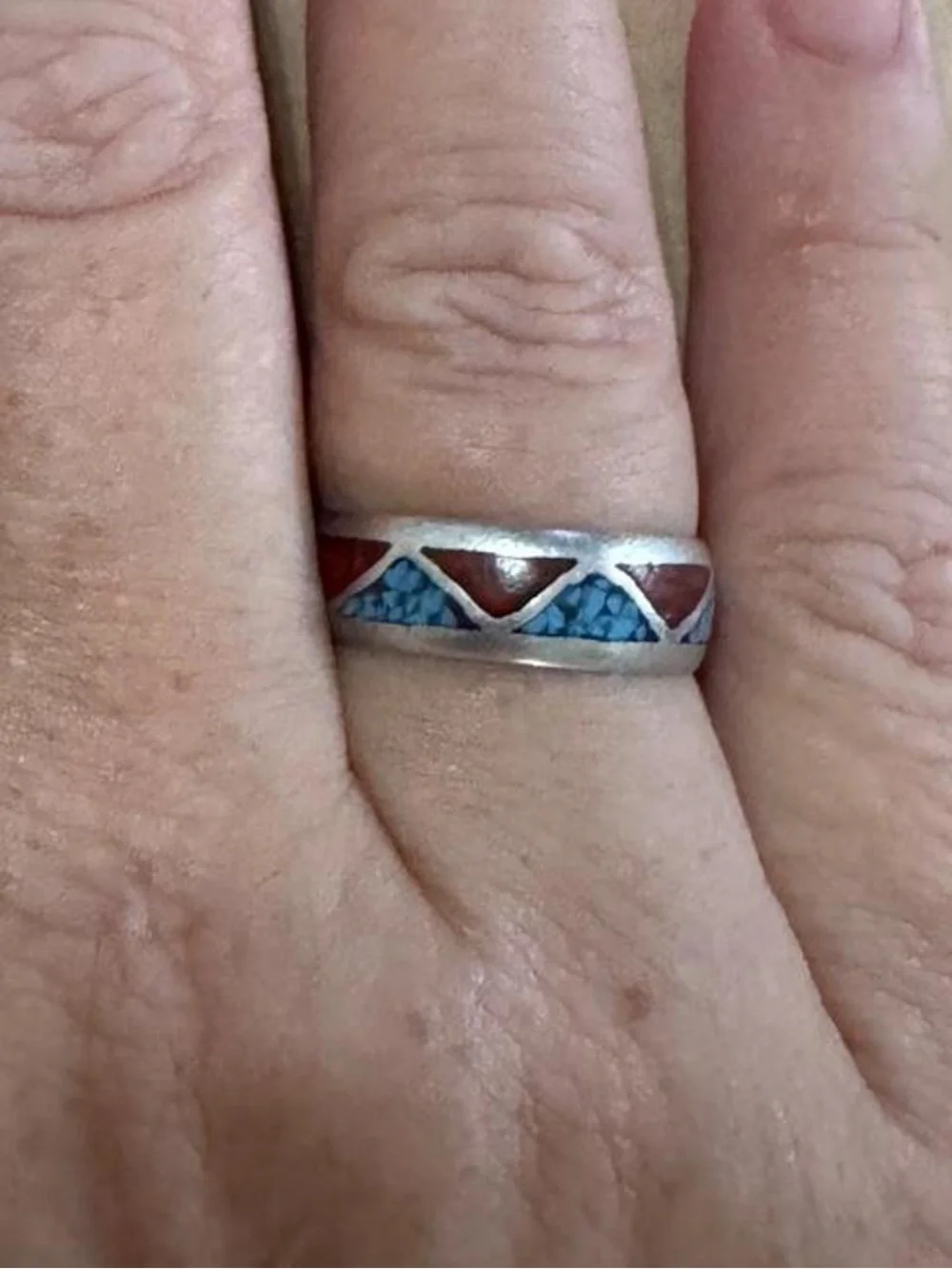 Men Women Vintage Navajo Sterling Silver  Inlay Turquoise Red Coral Band Ring